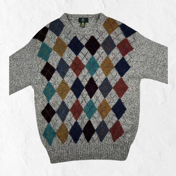 Gray Red Blue Yellow Club Room Vintage Argyle 100% Wool Sweater Size XL - Picture 2 of 4